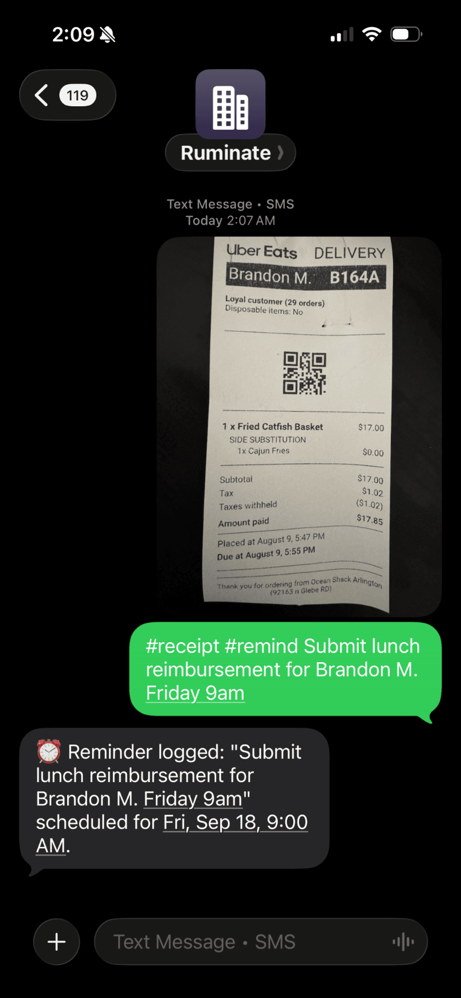 An SMS to Ruminate with a receipt and a Friday reimbursement reminder, followed by confirmation.