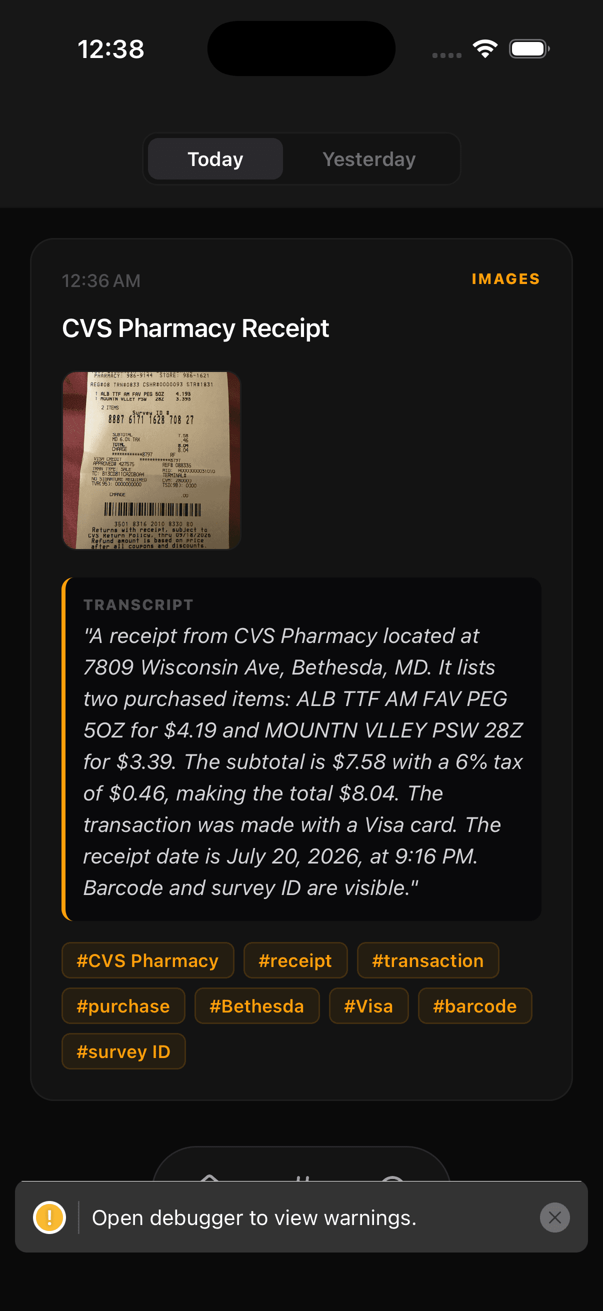 Ruminate Native iOS App Vault OCR & Audio Transcript View