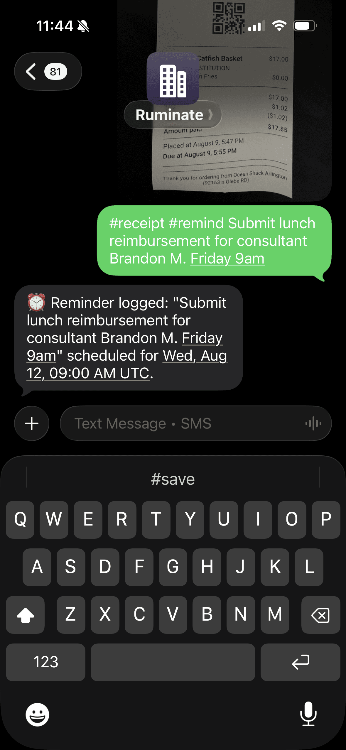 Ruminate SMS stacked switch receipt and reminder prompt