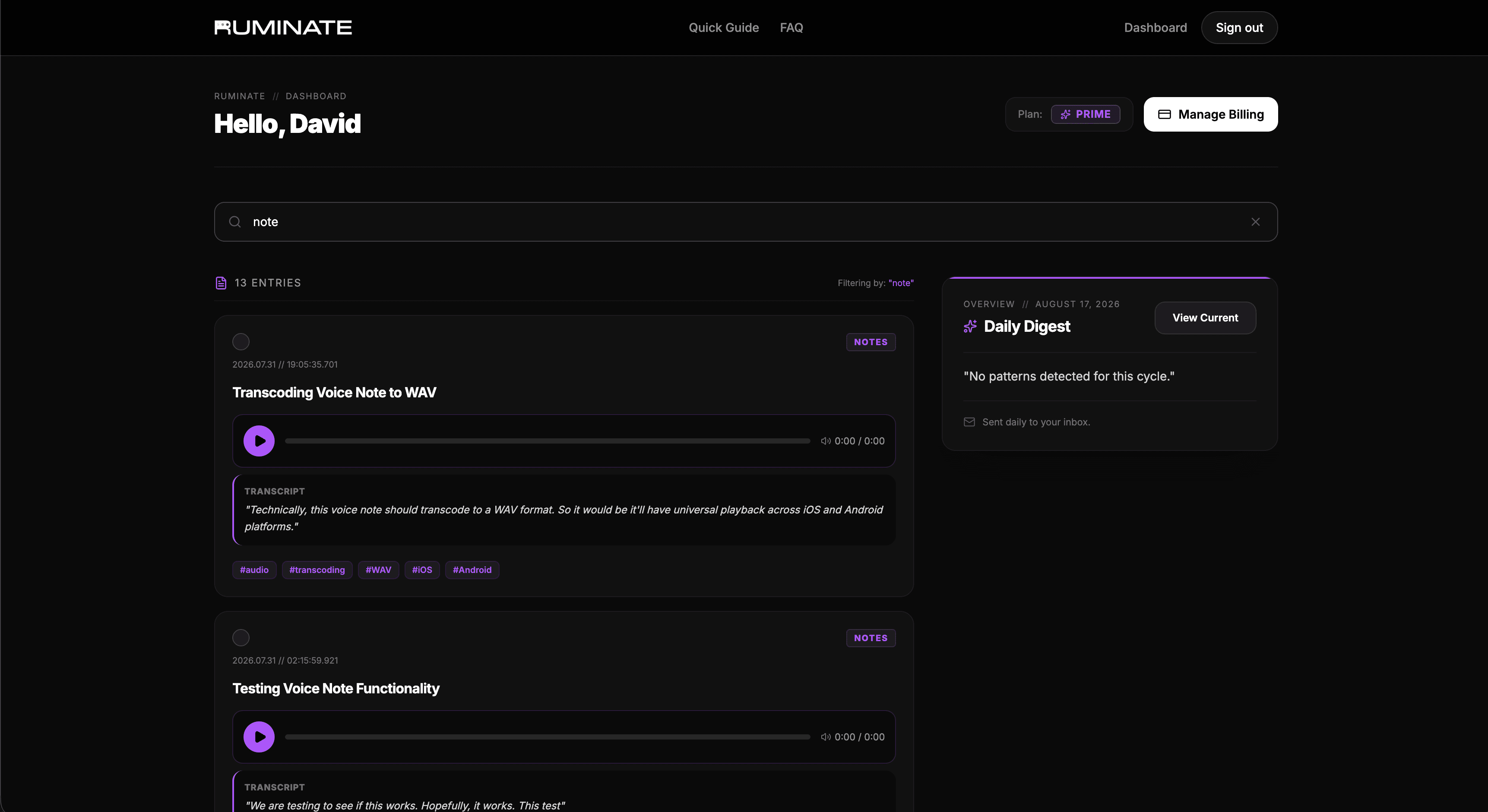 Ruminate Web Dashboard with search filtering and Daily Digest